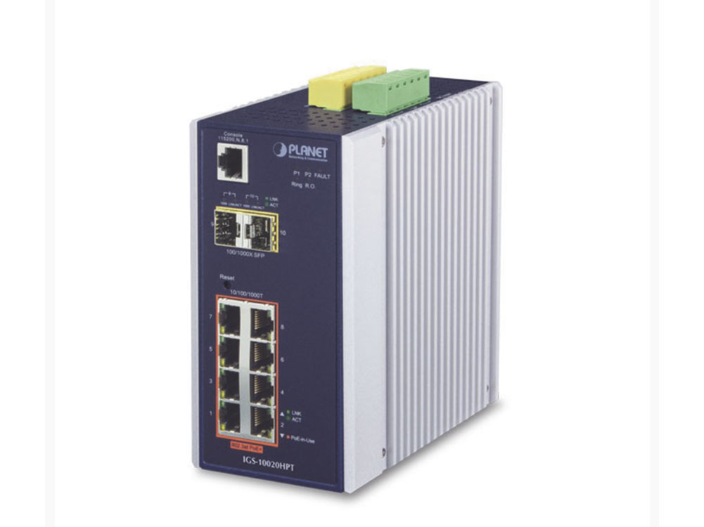 Planet IGS-10020HPT Switch Industrial Administrable Capa 2, 8 puertos PoE Gigabit 802.3af/at, 2 Puertos SFP de 1 / 2.5 Gigabit