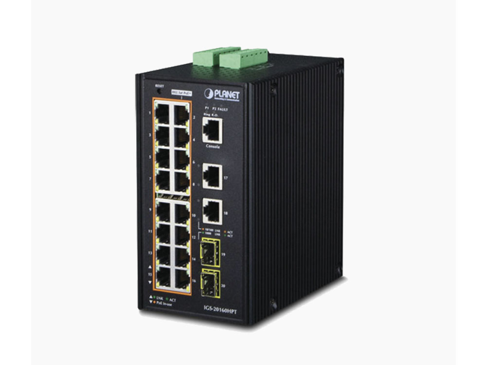 Planet IGS-20160HPT Switch Industrial Administrable 16 puertos 10/100/1000 T 802.3at PoE + 2 Puertos 10/100/1000 T + 2 puertos 100/1000 X SFP