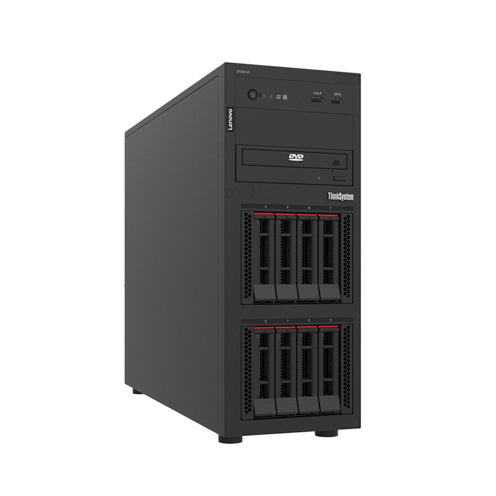 Servidor Lenovo ThinkSystem ST250 V3, Chassis 8x 2.5", Intel Xeon E-2468 8Core 2.6GHz, Ram 32GB, RAID 5350-8i PCIe 12Gb, Red 4port 1Gb, Fuente 2x 800W, 3yr